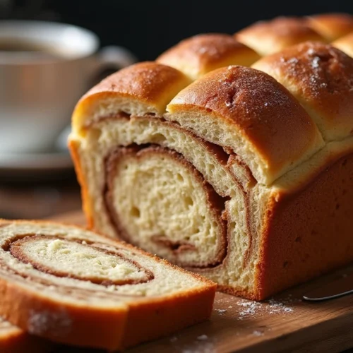 A freshly baked Amish cinnamon bread loaf with a golden crust and soft, cinnamon-swirled interior, placed on a rustic wooden cutting board with a cup of coffee and butter on the side.