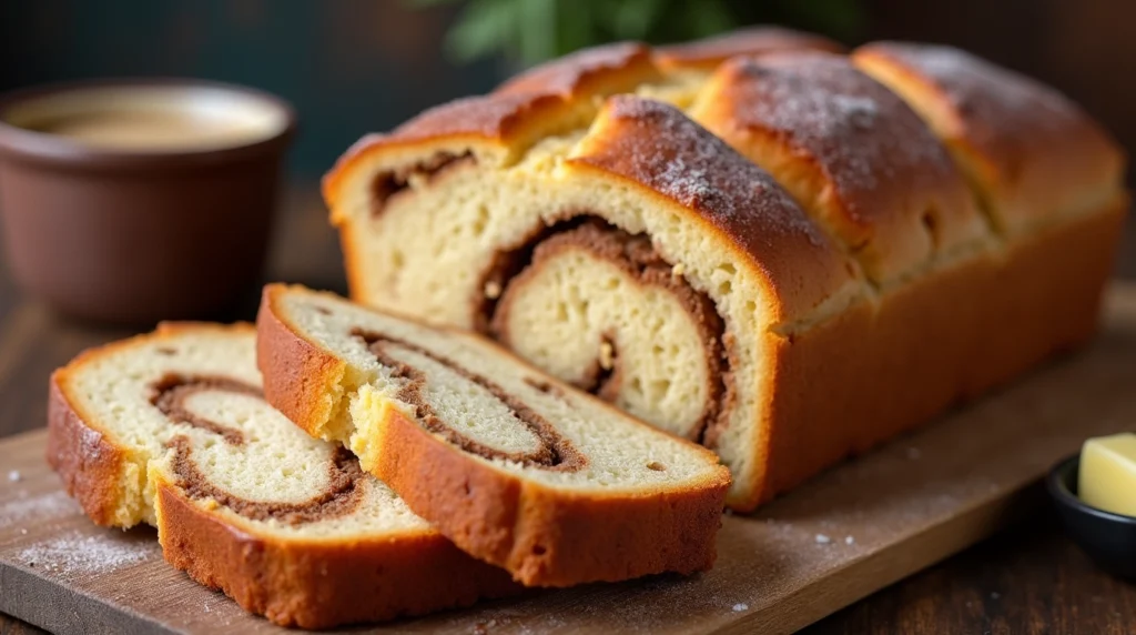 A freshly baked loaf of Amish cinnamon bread, sliced to reveal its soft, fluffy interior with cinnamon swirls, set on a rustic wooden surface with a cup of coffee and butter on the side.