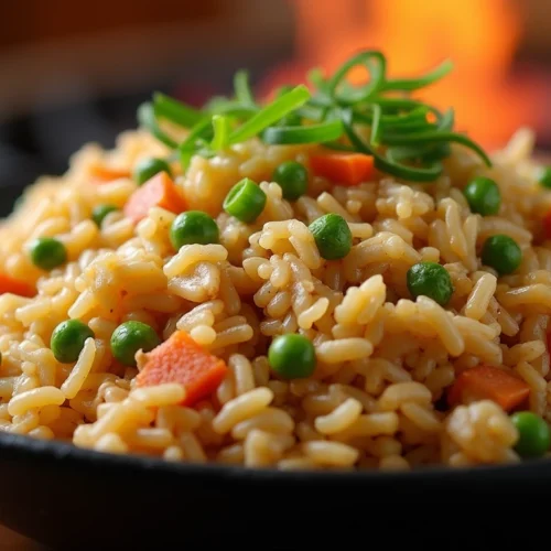 A close-up of Benihana chicken fried rice in a black bowl, featuring golden-brown rice, diced carrots, green peas, and fresh green onions, with a hibachi grill fire in the background.