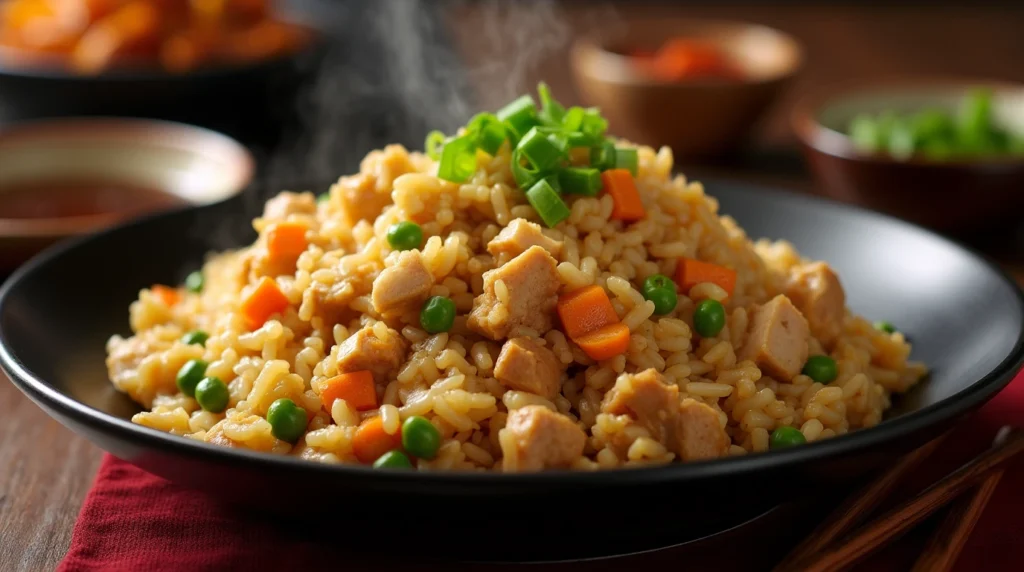 A steaming plate of Benihana chicken fried rice served in a black bowl, featuring golden-brown rice, tender diced chicken, vibrant peas, carrots, and green onions, with a warm hibachi-style setting in the background.