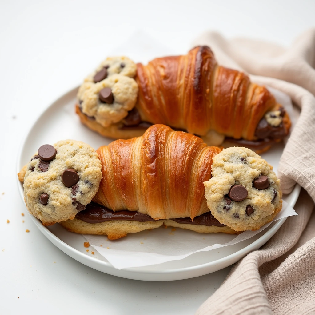 Golden, flaky cookie croissants filled with melted chocolate and topped with chocolate chip cookie dough, served on a white plate.