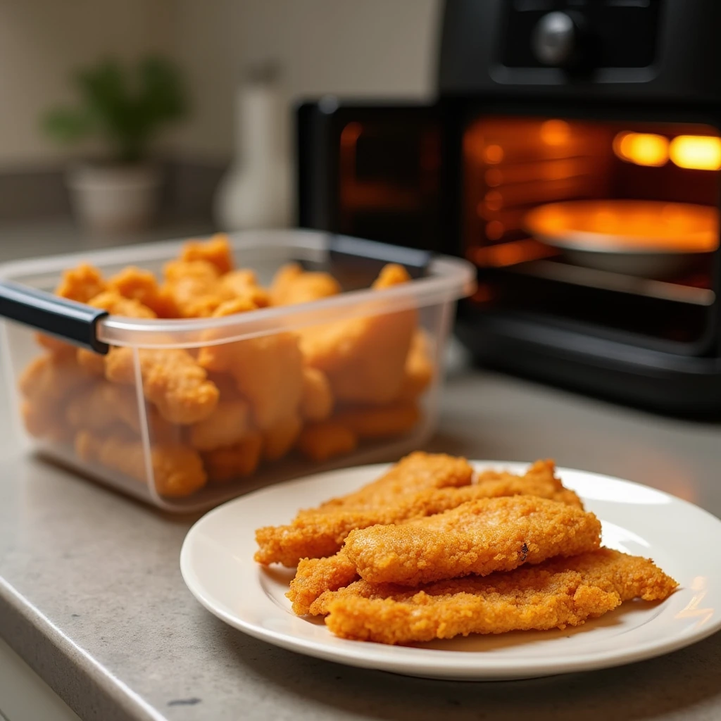 Crispy fried fish fillets made with the Long John Silvers batter recipe, stored in an airtight container with a freshly reheated portion on a plate, next to an air fryer for optimal crispiness.