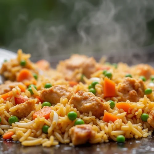 Freshly cooked Blackstone chicken fried rice sizzling on a griddle with diced carrots, peas, and golden-brown chicken, releasing steam for a flavorful hibachi-style dish.