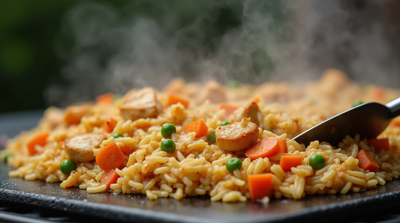 Freshly made Blackstone chicken fried rice sizzling on a flat-top griddle, featuring golden-brown chicken, fluffy rice, diced carrots, peas, and bean sprouts with steam rising for a hibachi-style finish.