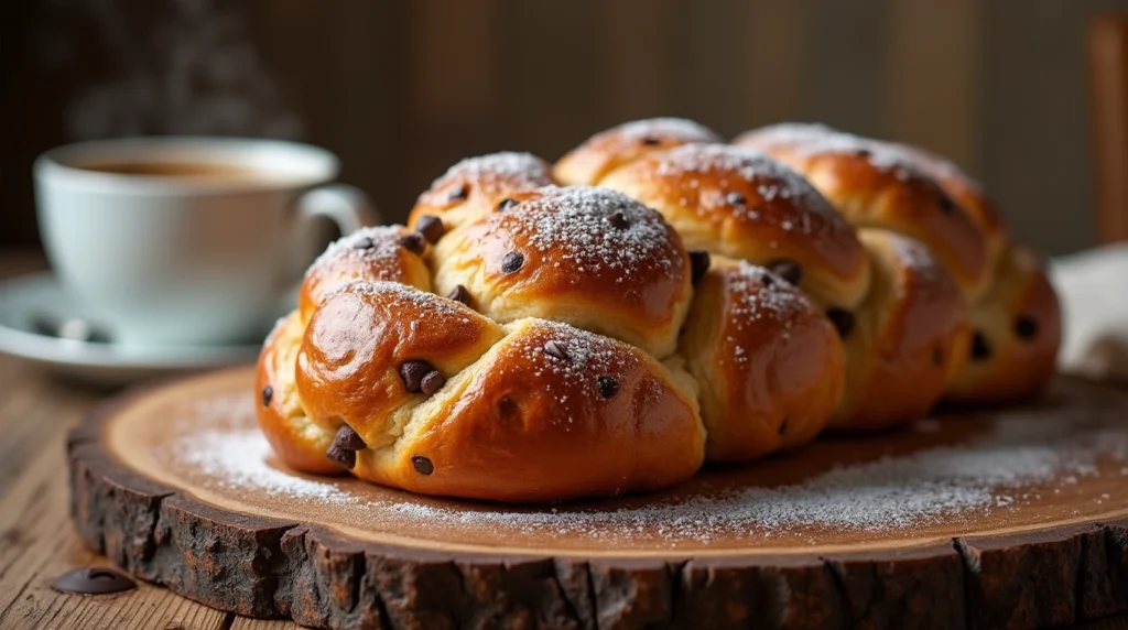 A freshly baked braided chocolate chip brioche loaf cooling on a wire rack, with a baker slicing into the soft, fluffy bread.