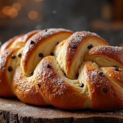 A beautifully braided chocolate chip brioche loaf with a golden crust and melted chocolate chips, sitting on a wooden board in a cozy kitchen