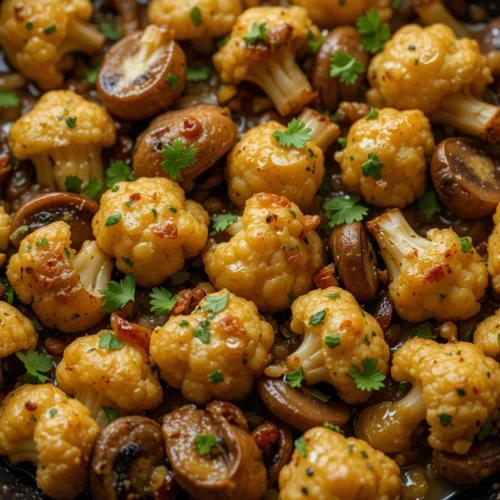 A skillet filled with sautéed cauliflower florets and mushrooms, garnished with fresh herbs, in a rich, flavorful sauce.