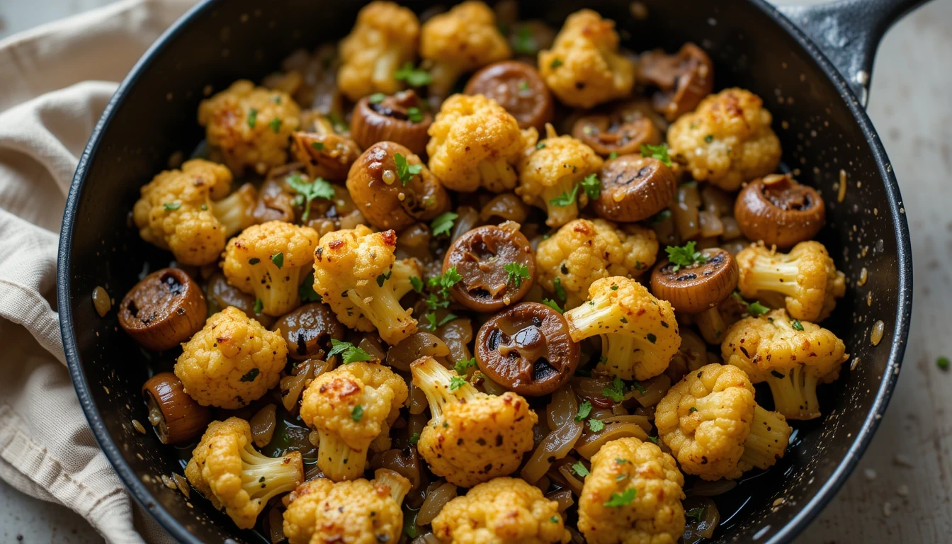 A skillet filled with golden-brown cauliflower florets and sautéed mushrooms, garnished with fresh herbs.