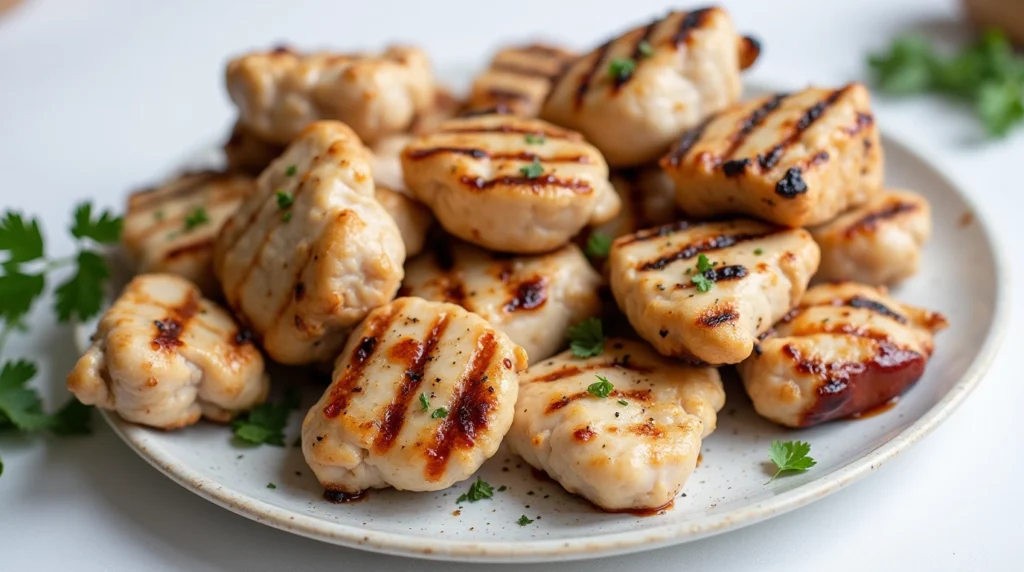 Juicy Chick Fil A grilled nuggets with golden-brown grill marks, garnished with fresh parsley and served on a white plate.