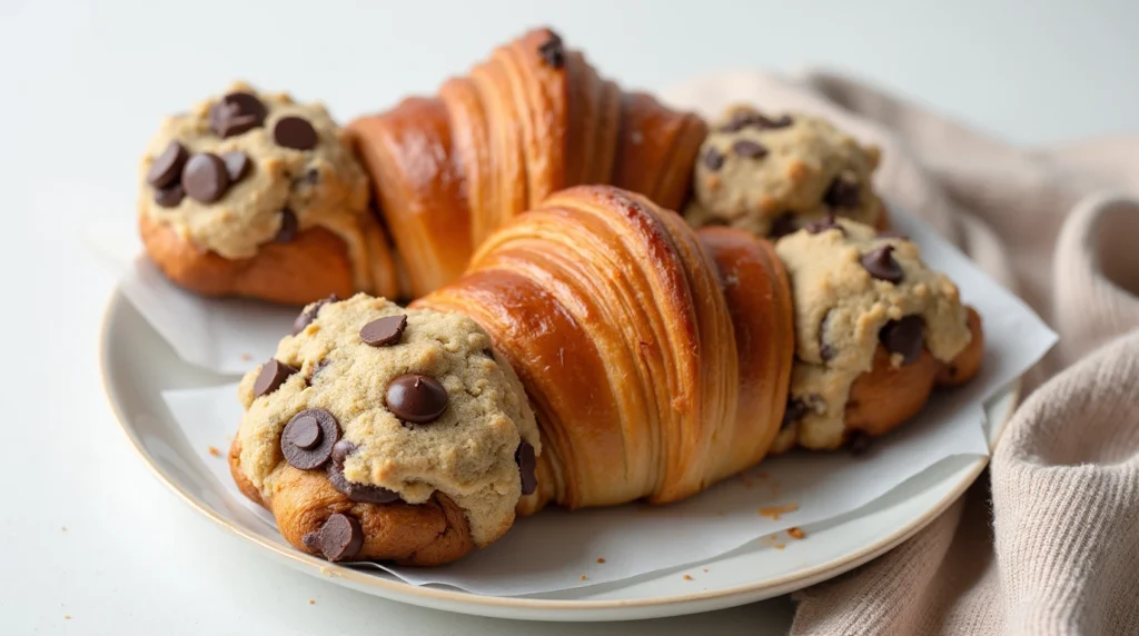 A golden, flaky cookie croissant topped with chocolate chip cookie dough, served on a white plate with parchment paper.