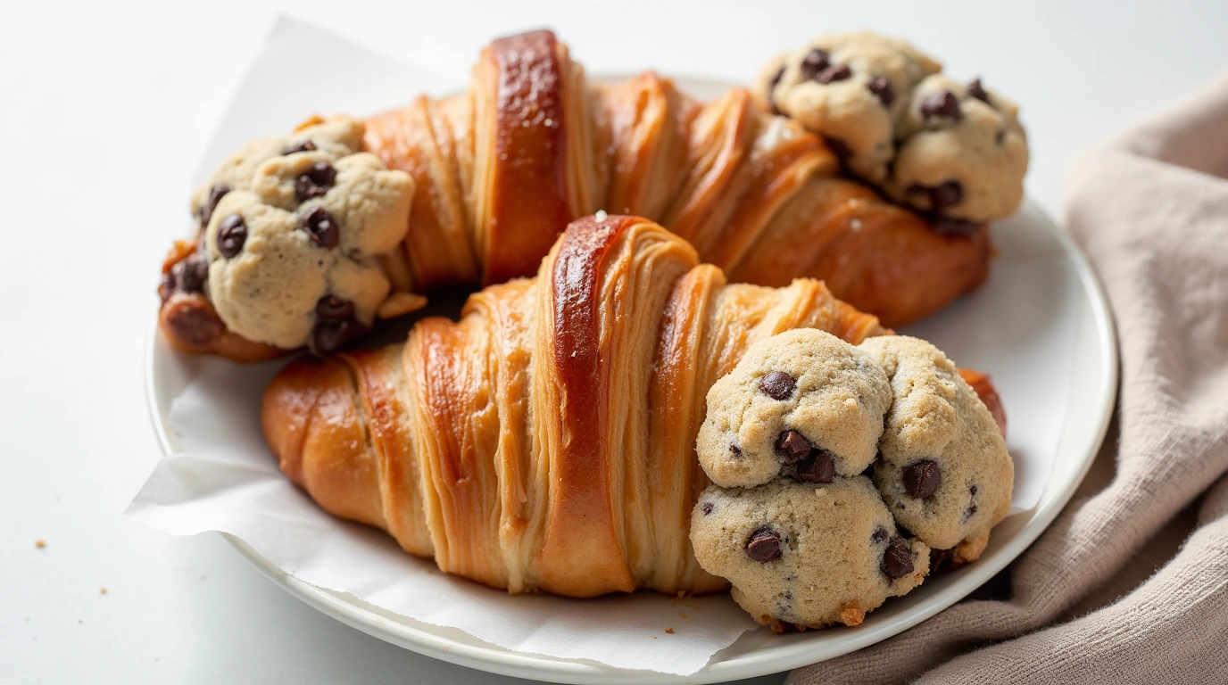 A golden, flaky cookie croissant with a gooey chocolate chip cookie dough filling, served on a white plate with parchment paper.