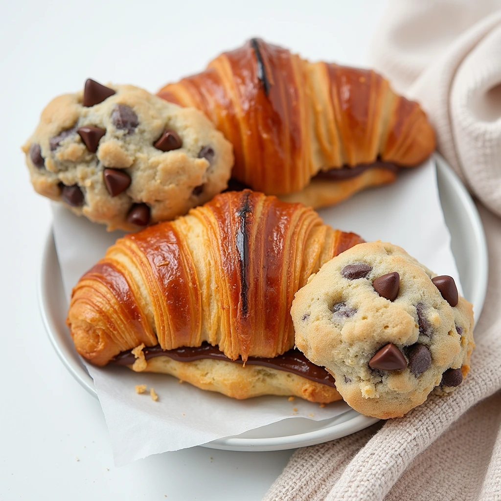 A flaky, golden-brown cookie croissant filled with melted chocolate and topped with chocolate chip cookie dough, served on a white plate.