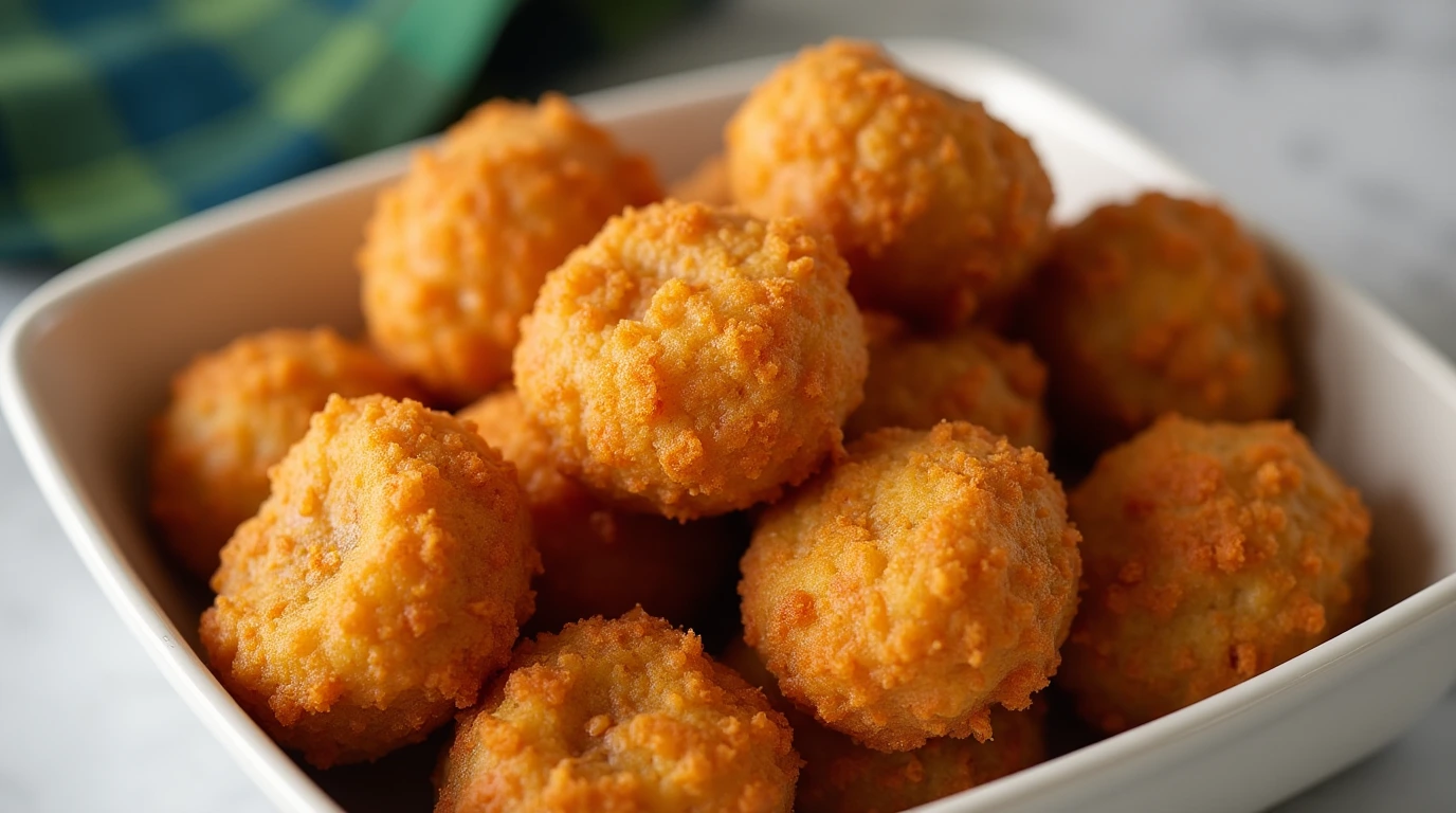 A bowl filled with golden, crispy crab balls with a crunchy breadcrumb coating, served warm and ready to enjoy as a seafood appetizer.