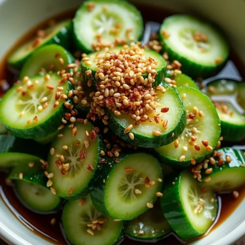 A bowl of Din Tai Fung cucumber salad with crisp cucumber slices, soy sauce dressing, garlic, chili flakes, and sesame seeds, served on a wooden table with chopsticks.