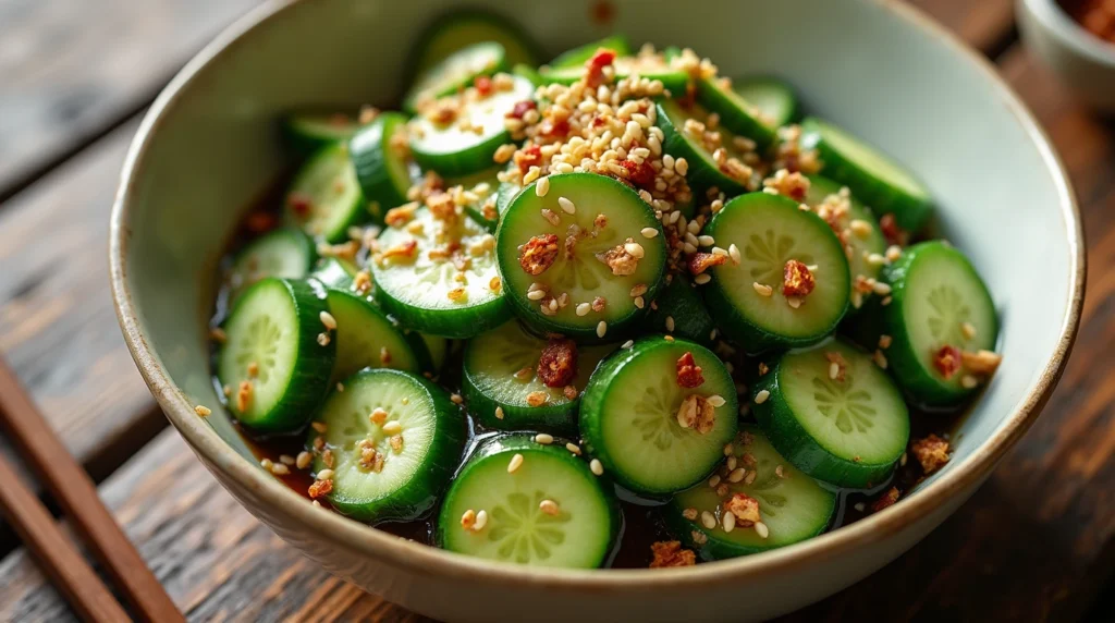 A fresh Din Tai Fung cucumber salad served in a white ceramic bowl, garnished with garlic, sesame seeds, and chili flakes, with chopsticks resting beside it.