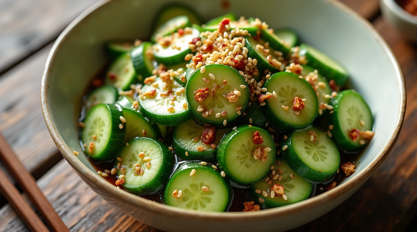 A fresh Din Tai Fung cucumber salad served in a white ceramic bowl, garnished with garlic, sesame seeds, and chili flakes, with chopsticks resting beside it.