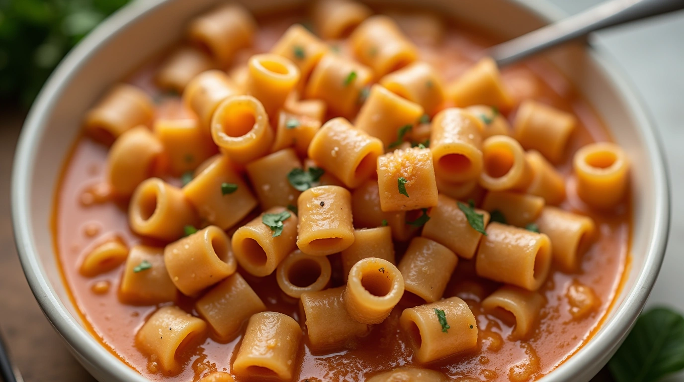 A bowl of ditalini pasta in a rich tomato sauce, garnished with fresh parsley and Parmesan, served with a spoon for a comforting meal.