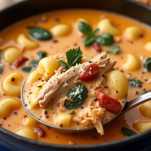 A creamy bowl of Marry Me Chicken Soup with shredded chicken, shell pasta, cherry tomatoes, spinach, and fresh basil, garnished with parmesan and black pepper, served in a deep blue pot with crusty bread in the background.