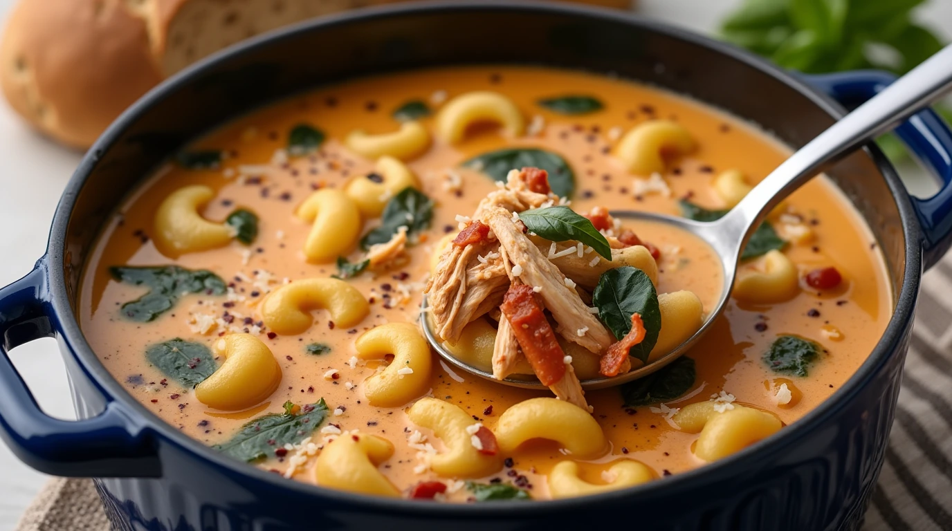 A rich and creamy Marry Me Chicken Soup served in a deep blue pot, featuring tender shredded chicken, elbow macaroni, sun-dried tomatoes, and fresh basil, garnished with parmesan and red pepper flakes.