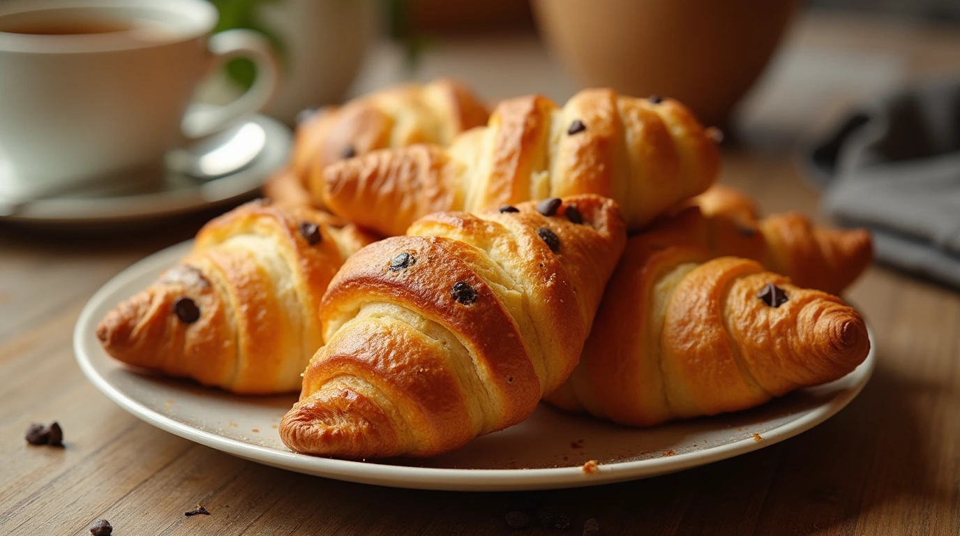 A plate of freshly baked Gipfeli pastries with a golden brown exterior and visible chocolate chips, served with tea