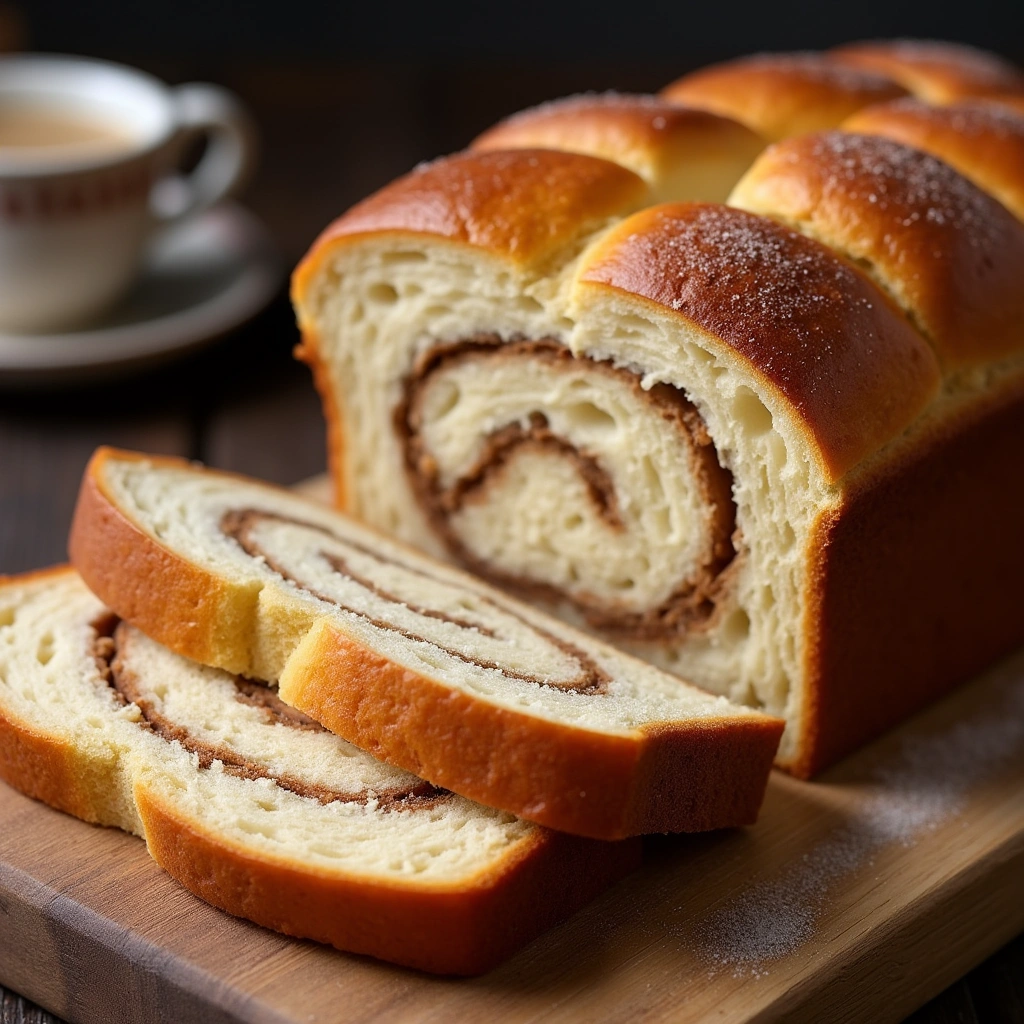 A freshly baked Amish cinnamon bread loaf with a golden crust and soft cinnamon swirls, sliced and placed on a wooden board with a cup of coffee in the background.