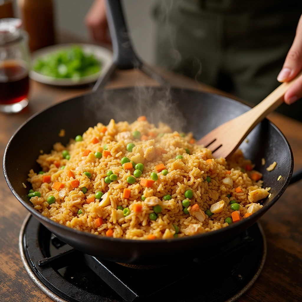 A steaming wok filled with Benihana chicken fried rice, featuring golden-brown rice, diced chicken, peas, and carrots being stirred with a wooden spatula on a stovetop.