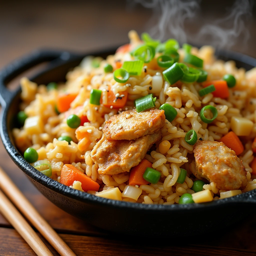 A steaming bowl of Blackstone chicken fried rice garnished with fresh green onions, featuring golden-brown chicken, diced carrots, peas, and perfectly seasoned rice served in a cast-iron bowl with chopsticks on the side.