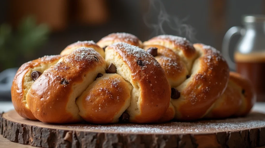 A freshly baked braided chocolate chip brioche Recipe loaf with a golden crust, filled with melted chocolate chips, sitting on a wooden board in a cozy kitchen.