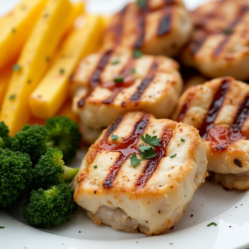 A plate of Chick Fil A grilled nuggets with barbecue sauce, served with fresh broccoli and crispy fries on a white dish.