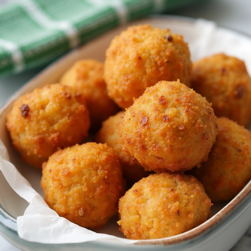 A dish lined with parchment paper, filled with golden, crispy crab balls with a crunchy breadcrumb coating, served fresh and ready to eat.