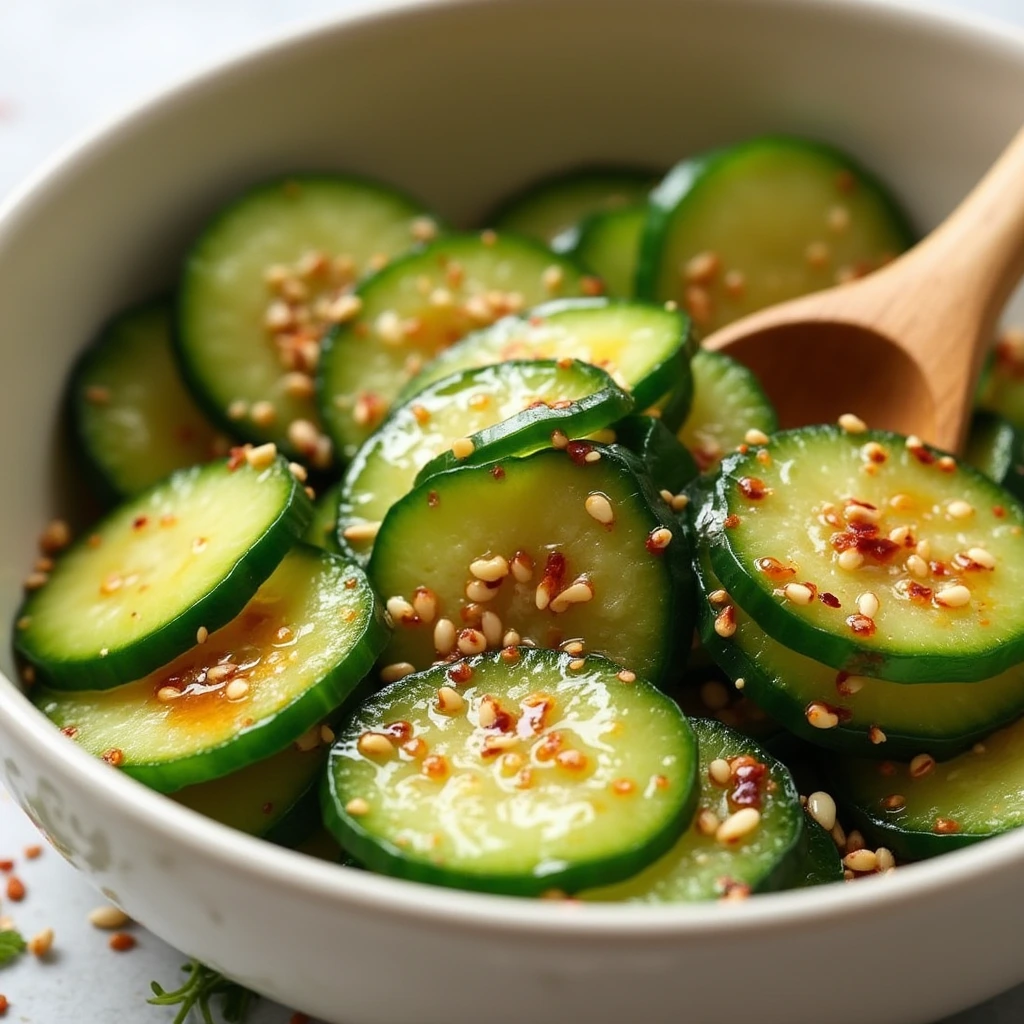 A close-up of freshly marinated Din Tai Fung cucumber salad in a white ceramic bowl, with garlic, chili flakes, and sesame seeds mixed in.