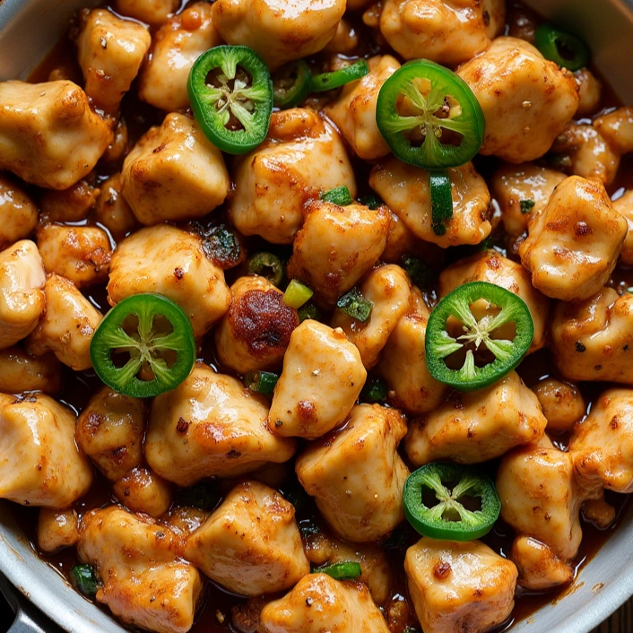 Close-up of juicy, golden-brown jalapeno chicken bites coated in a rich, spicy sauce, garnished with fresh sliced jalapeños and chopped green onions.