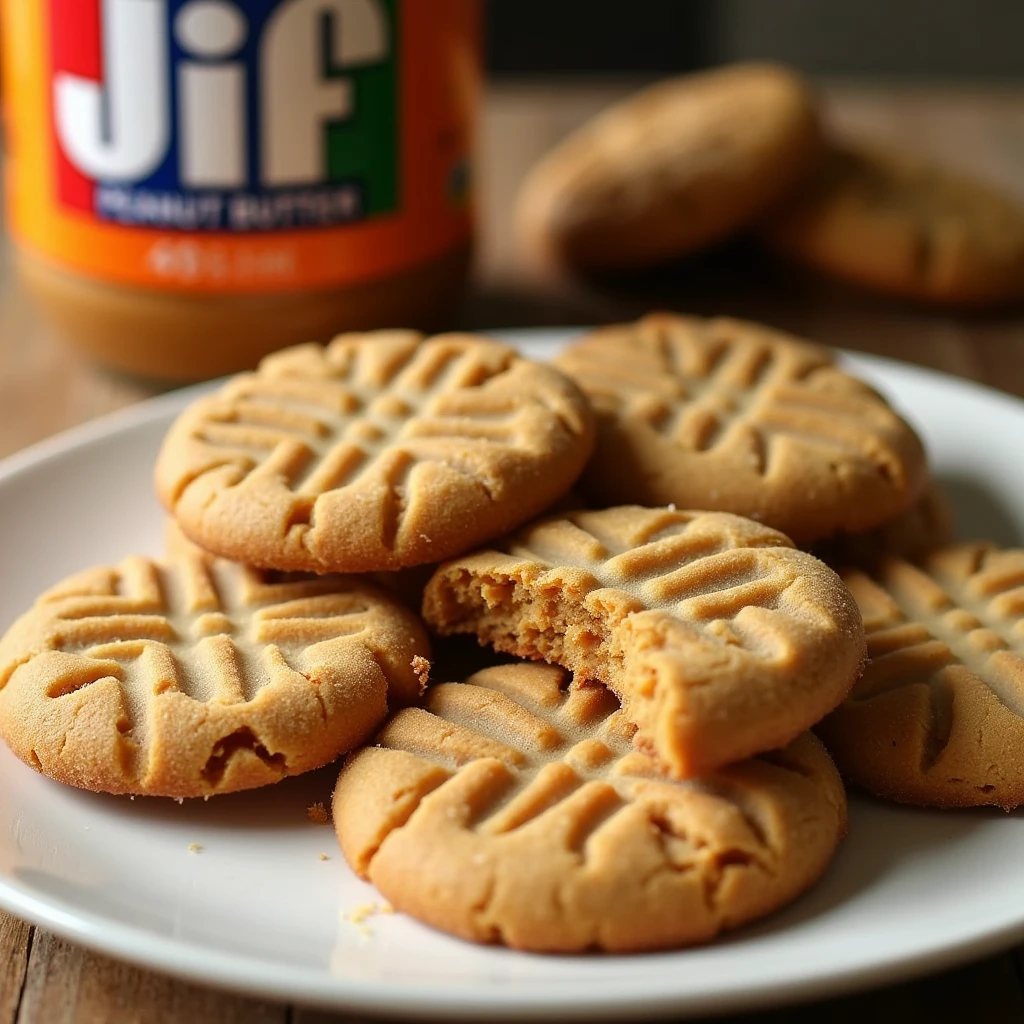 A stack of freshly baked Jif peanut butter cookies with crisscross marks, one cookie broken in half to reveal its soft, chewy interior.