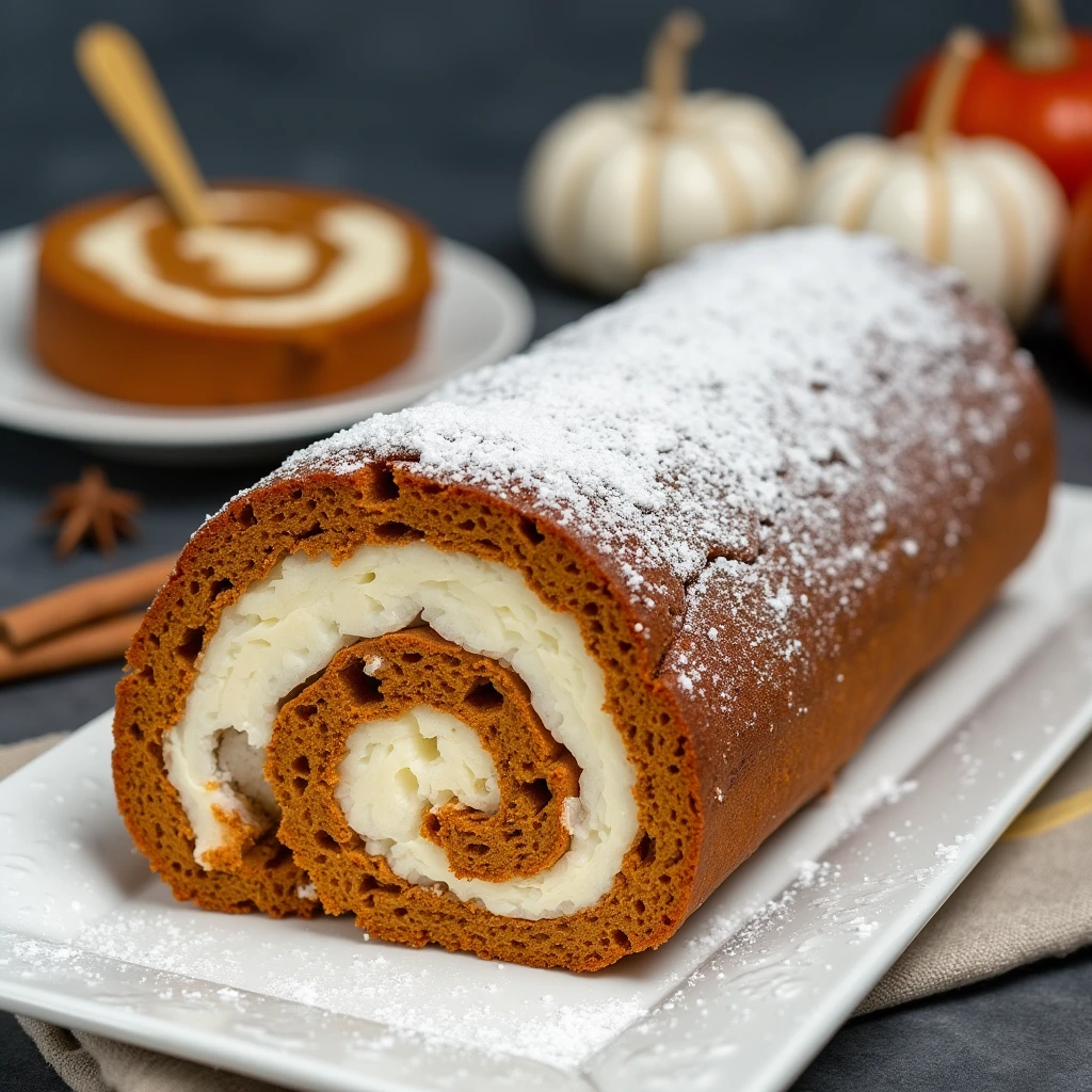 A homemade pumpkin roll with cream cheese filling, dusted with powdered sugar, placed on a white plate with autumn pumpkins and cinnamon sticks in the background.