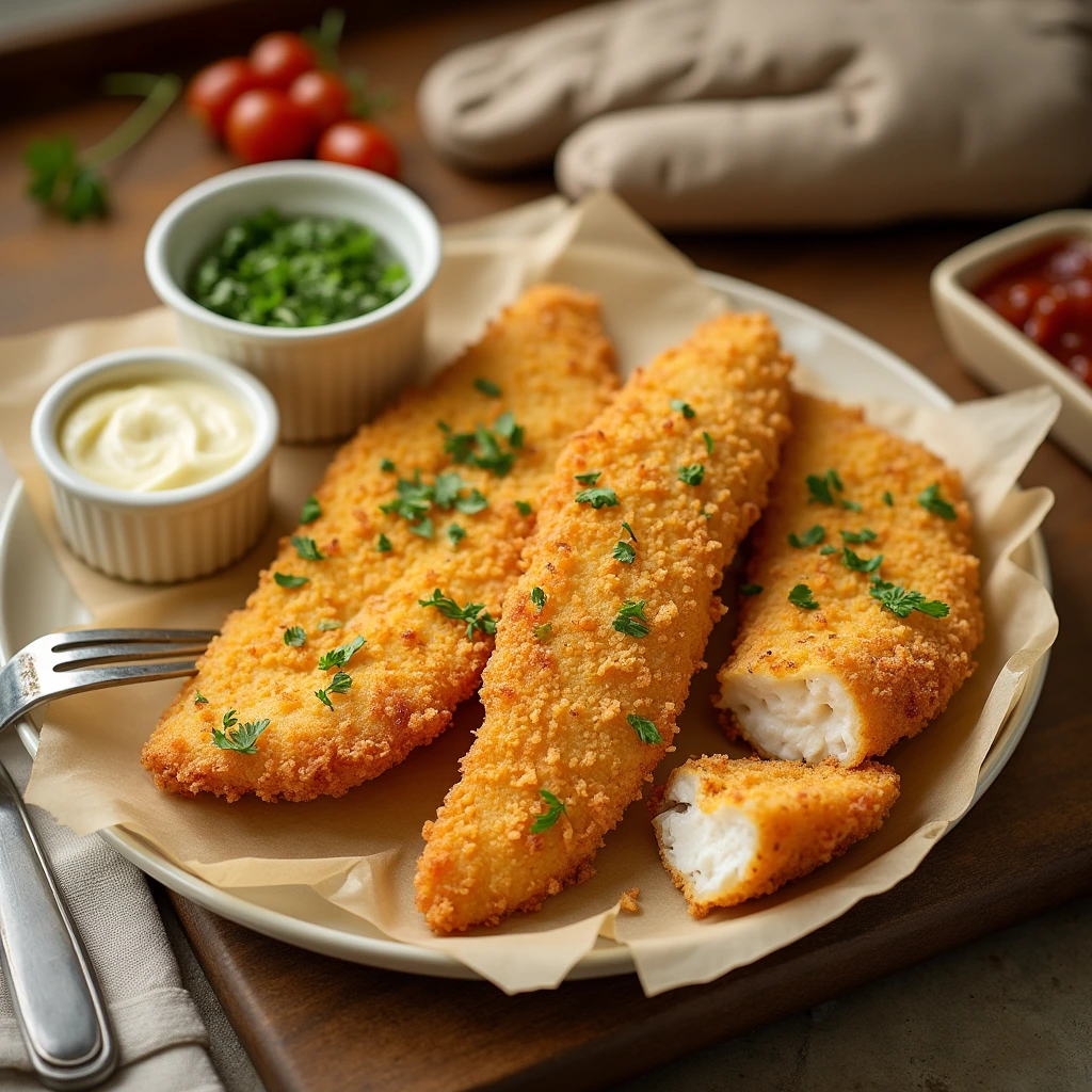 Crispy, golden-brown fish fillets made with the Long John Silvers batter recipe, garnished with fresh parsley and served with tartar sauce, ketchup, and a side of herbs on a parchment-lined plate.