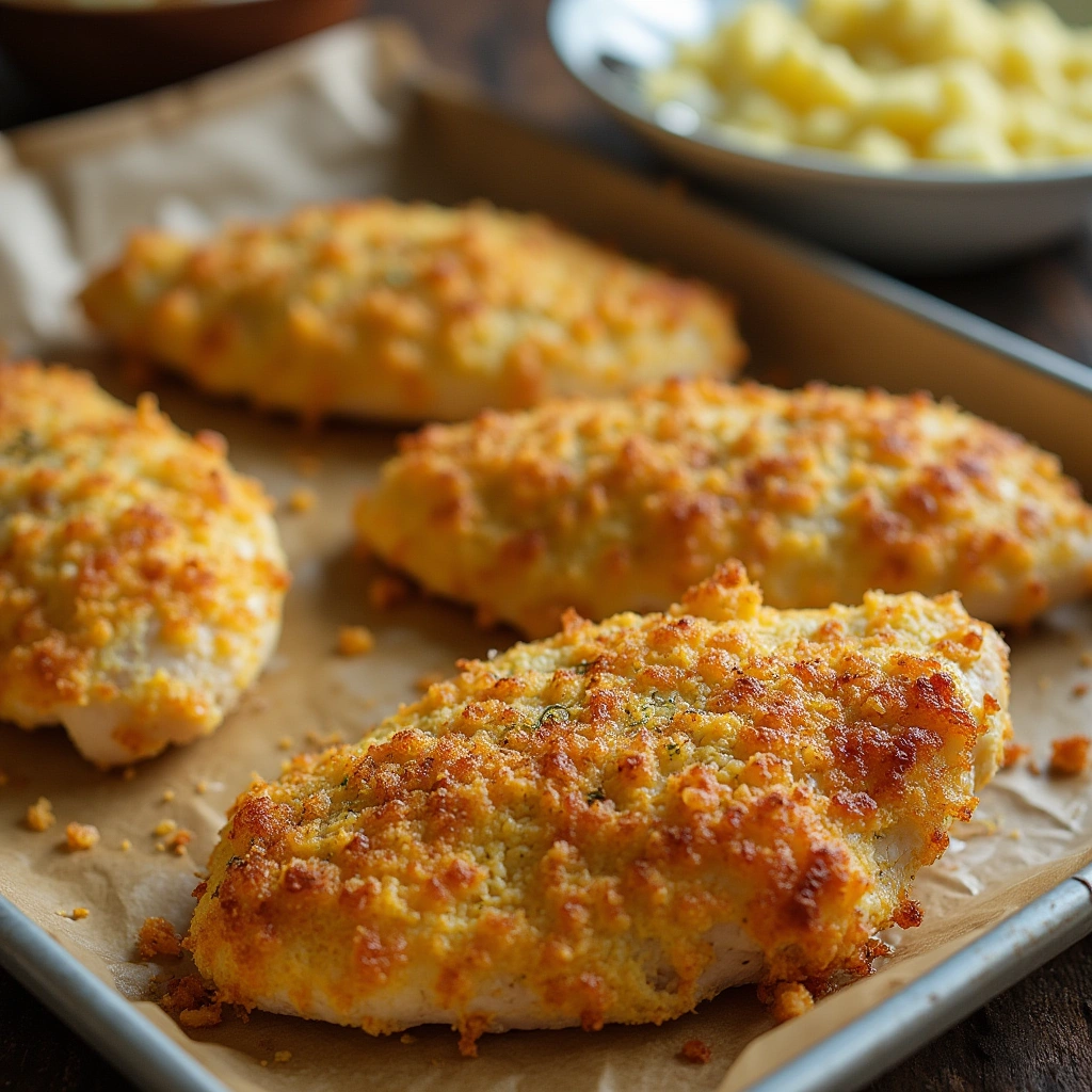 Freshly baked Longhorn Parmesan Crusted Chicken with a crispy golden parmesan and breadcrumb crust, resting on a parchment-lined baking sheet with a bowl of mashed potatoes in the background.