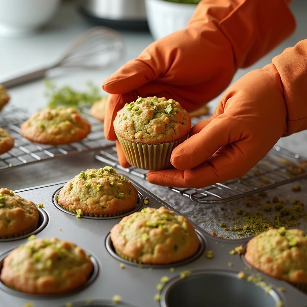 A baker wearing orange oven gloves carefully removing a freshly baked pistachio muffin from a muffin tin. The golden-brown muffin, topped with crushed pistachios, is being placed on a wire rack to cool, with other muffins visible in the background.