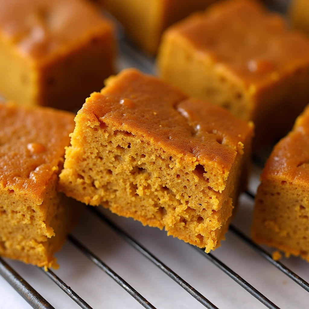 Golden-brown sweet potato cornbread squares cooling on a wire rack, showcasing their moist, fluffy texture with a rich orange crumb.