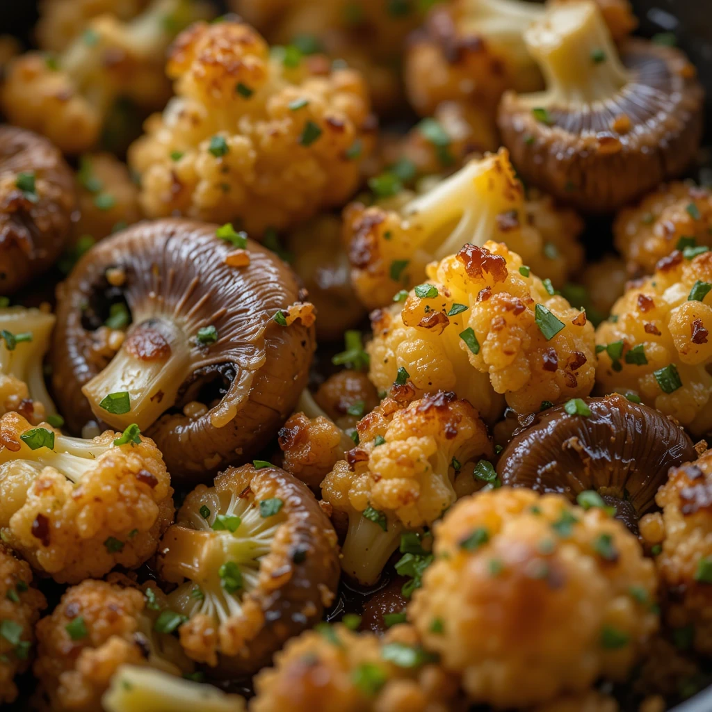 Close-up of crispy, golden-brown cauliflower florets and sautéed mushrooms garnished with fresh herbs, creating a rich and flavorful dish.