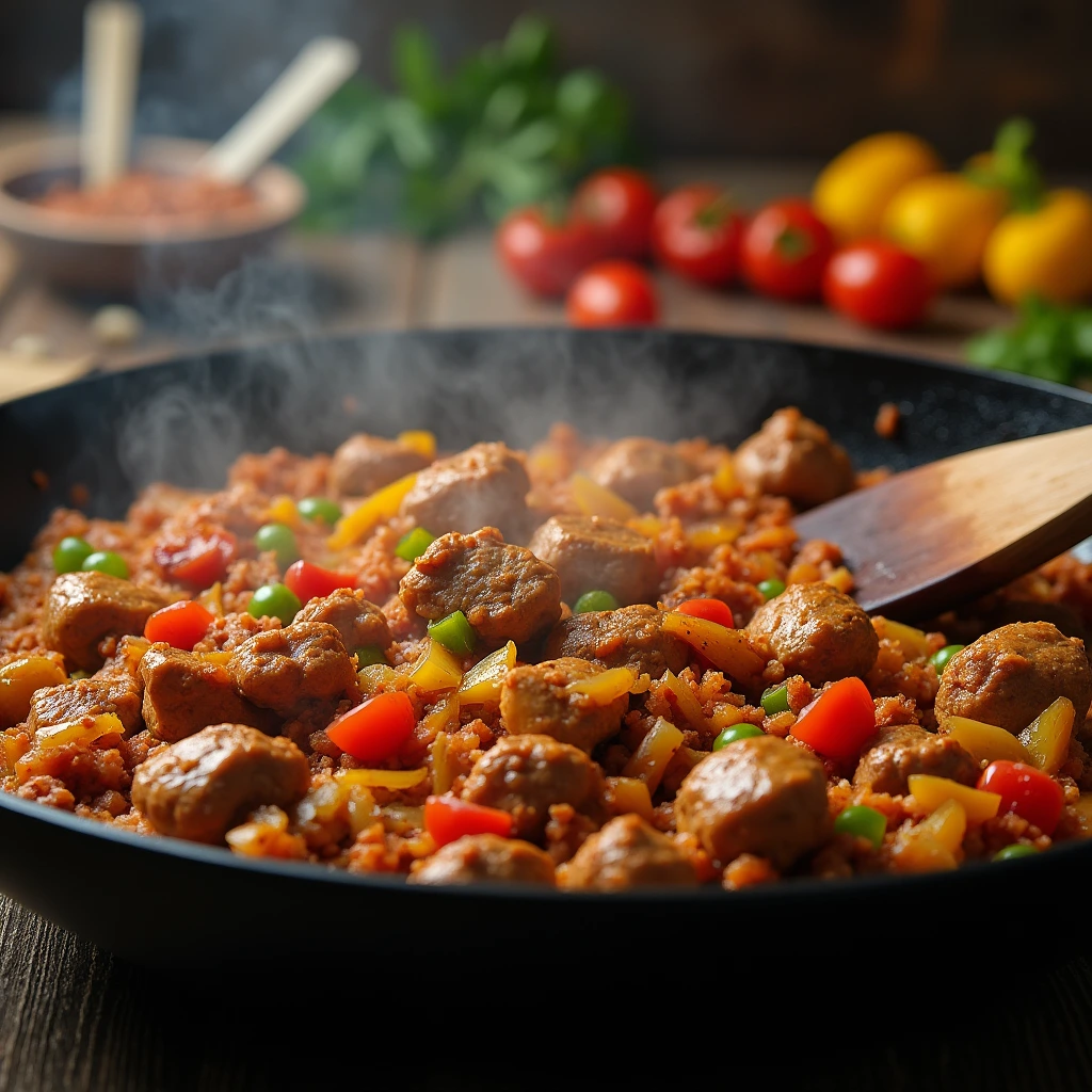 A sizzling discada recipe with browned meats, onions, and bell peppers, stirred in a cast-iron disc, releasing rich aromas.