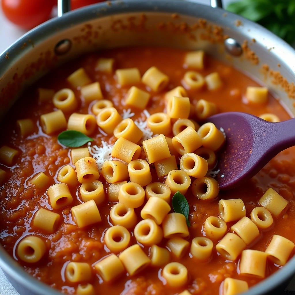 A pot of ditalini pasta simmering in a rich tomato sauce, garnished with fresh basil leaves and Parmesan, with a red spoon stirring the dish.