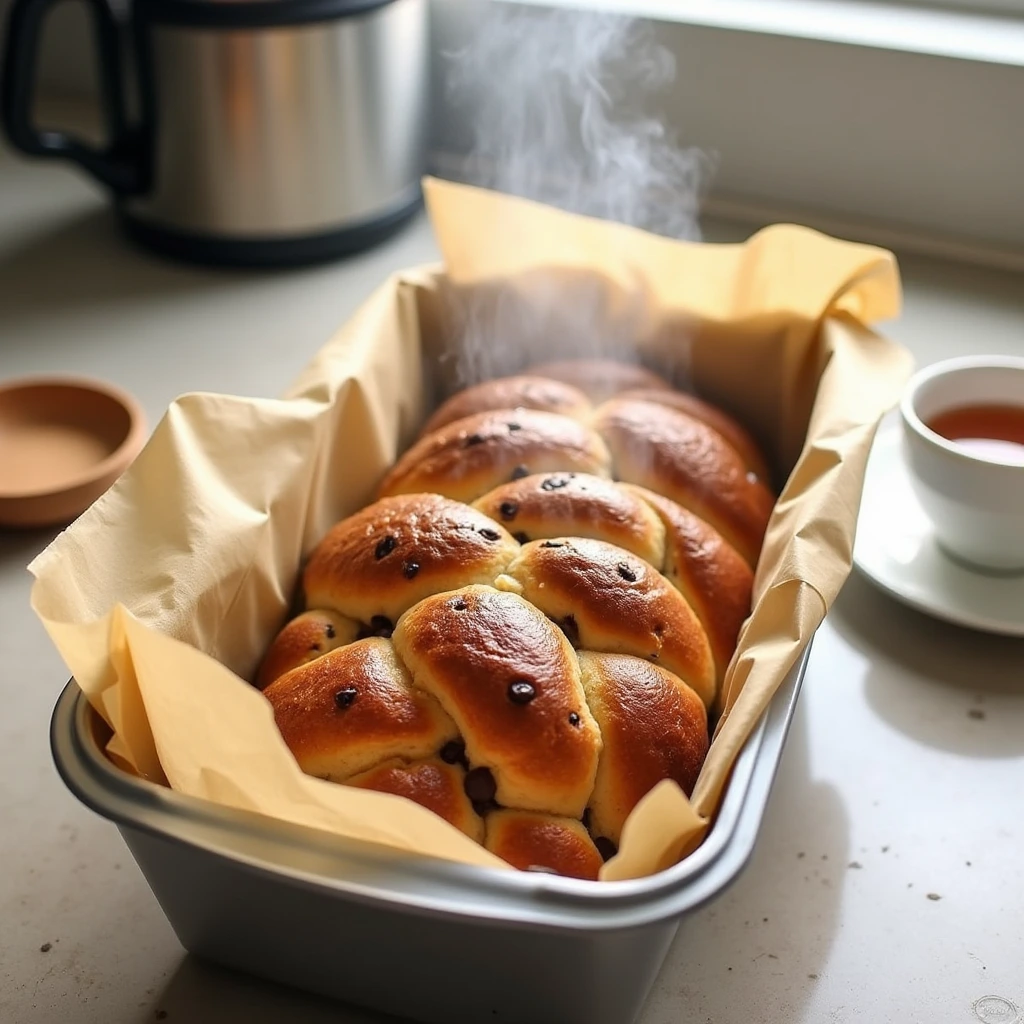 A braided chocolate chip brioche loaf stored in parchment paper, with a slice being toasted and butter melting on top.