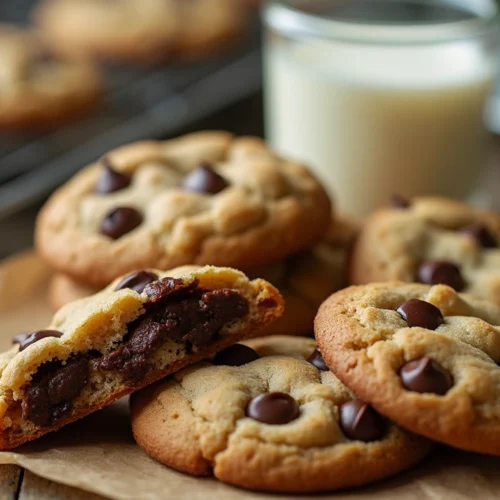 Freshly baked Jacques Torres chocolate chip cookies with golden-brown edges and melted chocolate chunks, served on parchment paper with a glass of milk in the background.