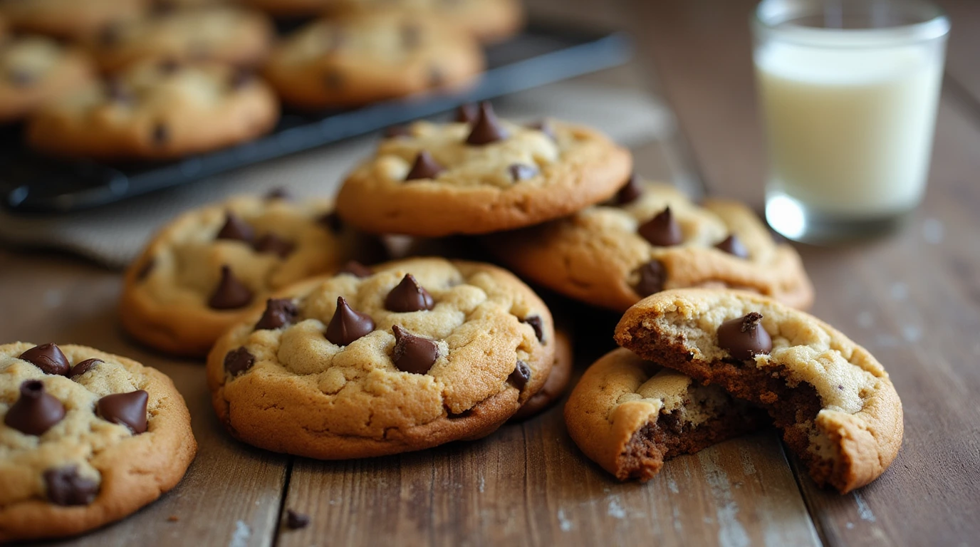 Freshly baked Jacques Torres chocolate chip cookies with golden-brown edges and gooey melted chocolate chunks, served on a rustic wooden table with a glass of milk.