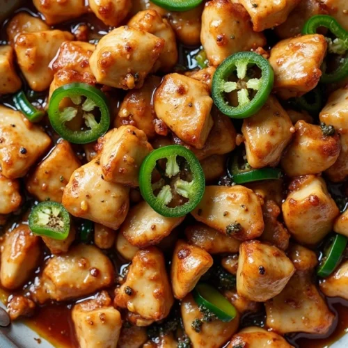 A sizzling pan of Jalapeno Chicken with tender, golden-brown bite-sized chicken pieces coated in a glossy, spicy jalapeño sauce, garnished with fresh sliced jalapeños and black pepper.