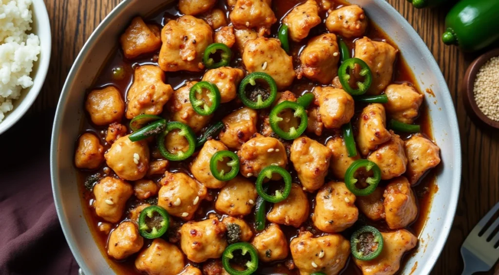 Close-up of a sizzling jalapeno chicken dish with golden-brown, bite-sized chicken pieces coated in a rich, glossy sauce, garnished with fresh jalapeño slices and sesame seeds, served in a skillet.