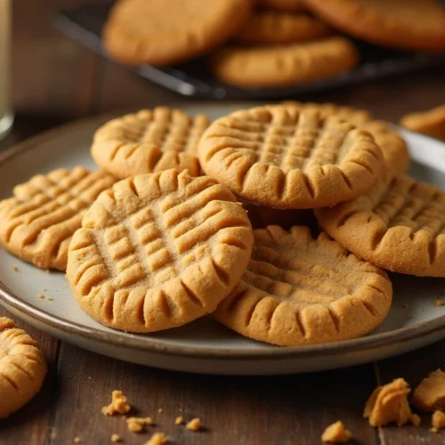 Freshly baked Jif peanut butter cookies with crisscross fork marks, displayed on a wooden table beside a jar of Jif peanut butter and a glass of milk.