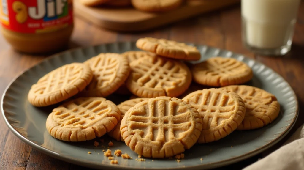 Freshly baked Jif peanut butter cookies with crisscross fork marks, served on a wooden table beside a glass of milk and a jar of Jif peanut butter.