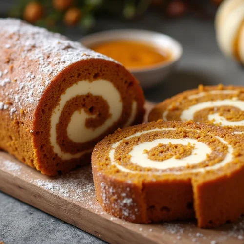 A freshly baked pumpkin roll with cream cheese filling, sliced on a wooden board, dusted with powdered sugar, and surrounded by cinnamon sticks, pumpkins, and autumn leaves.