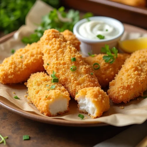 Crispy, golden-brown fish fillets made with the Long John Silvers batter recipe, garnished with fresh green onions and parsley, served with tartar sauce and lemon wedges on a parchment-lined plate.